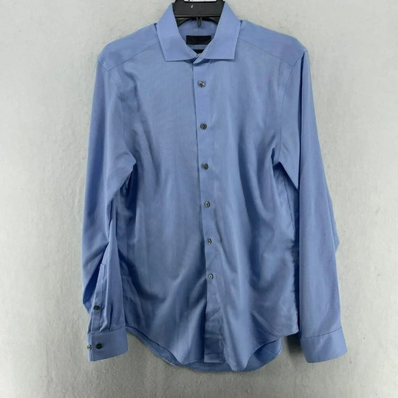 Calvin Klein Button Up Shirt Men's Sz 15 Sky Blue Striped Slim Non-Iron Two Ply - Picture 1 of 13